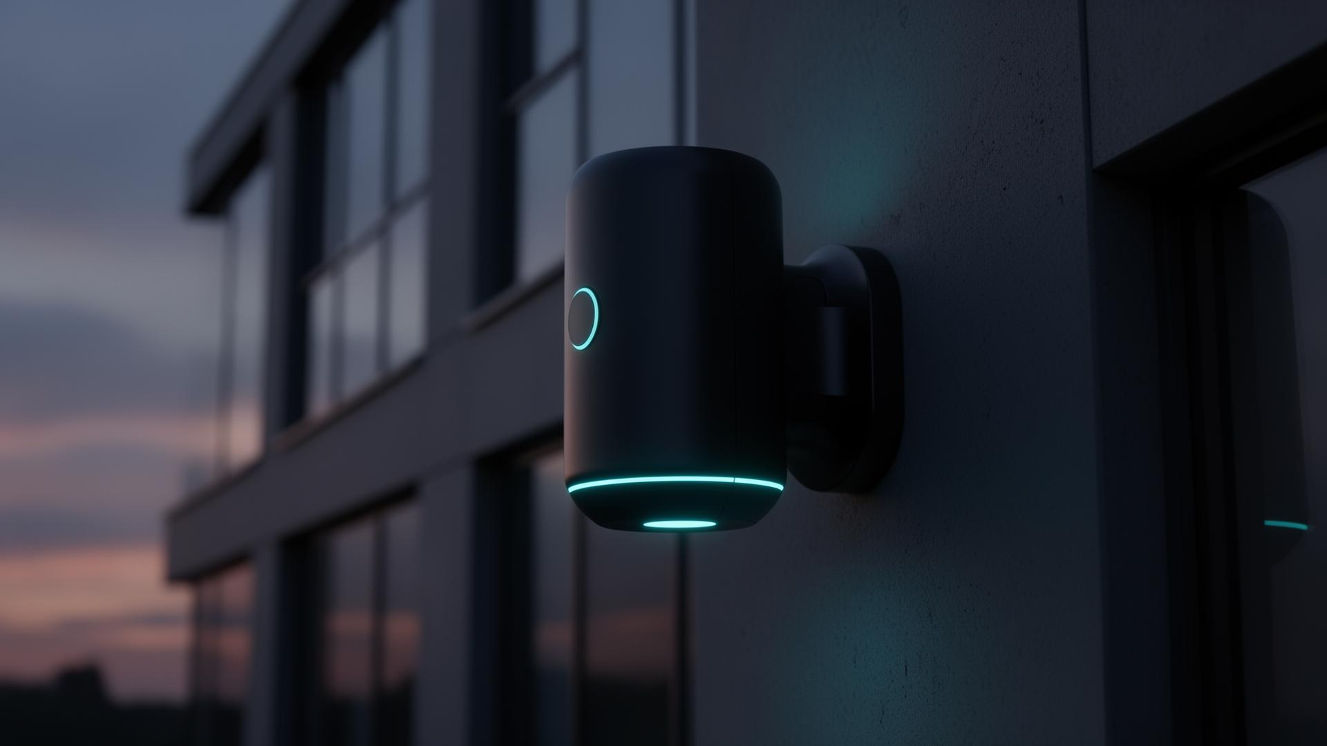 AERIS smart deterrence device mounted on a modern building at dusk